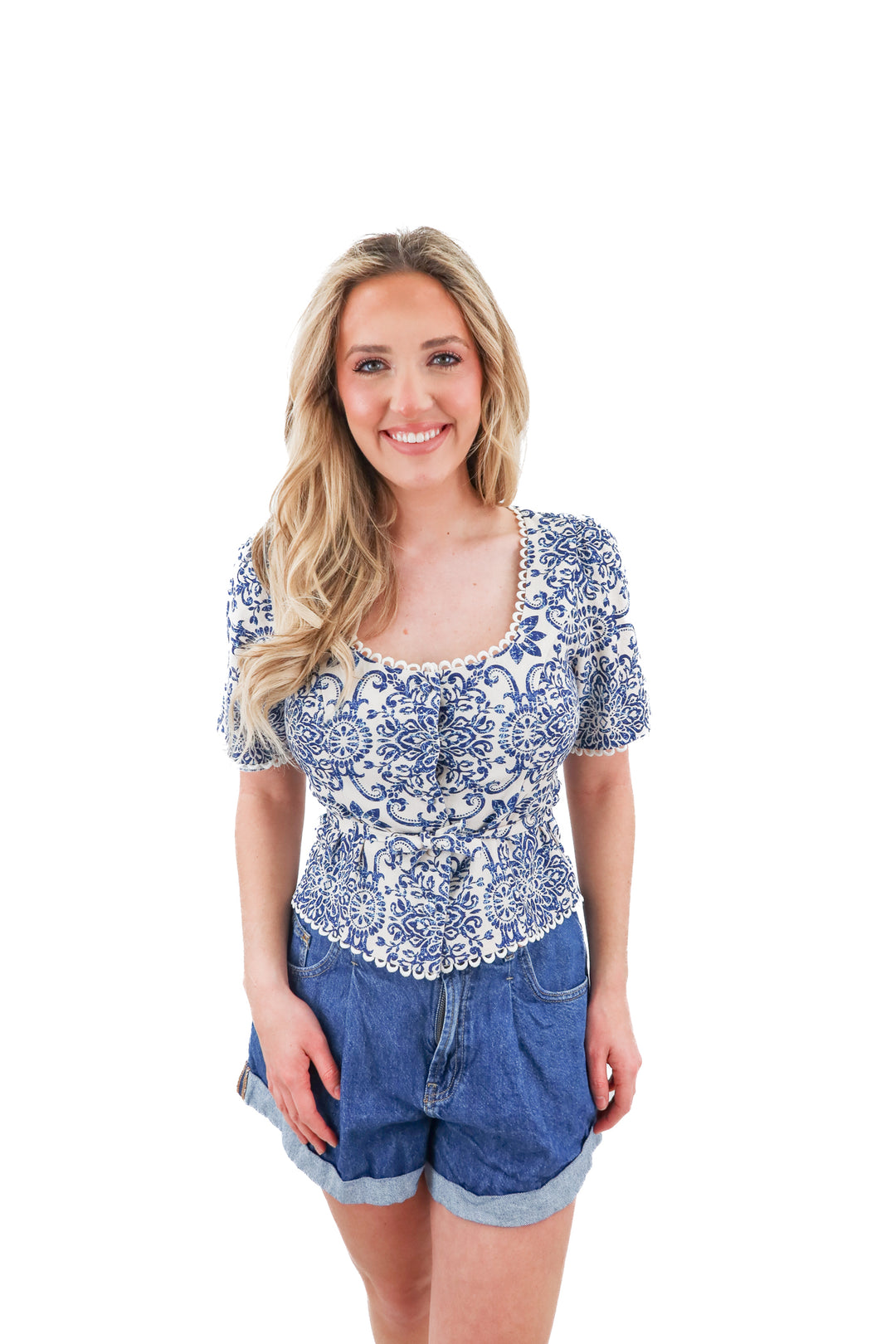 petal and pup blue and white top (m)