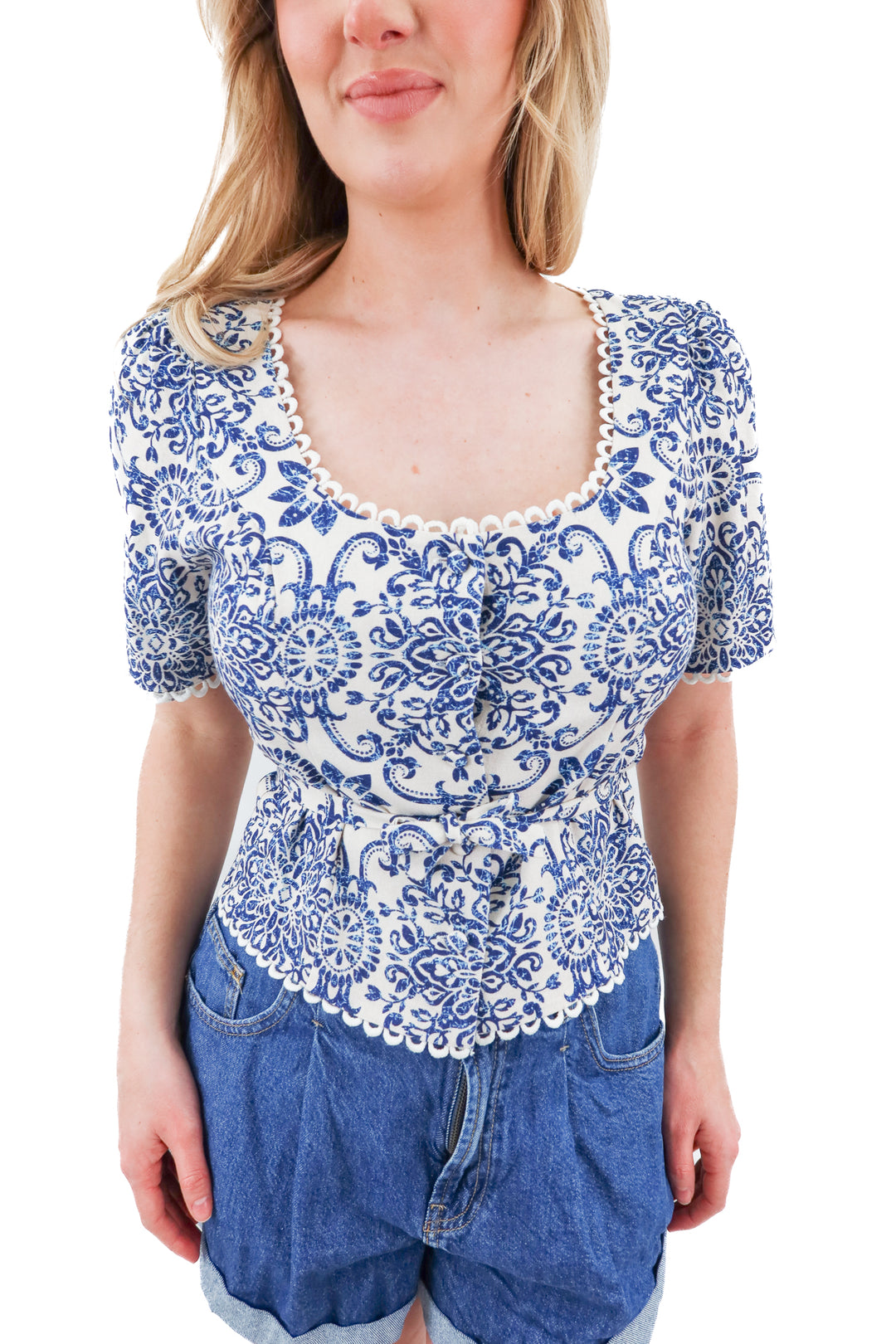 petal and pup blue and white top (m)