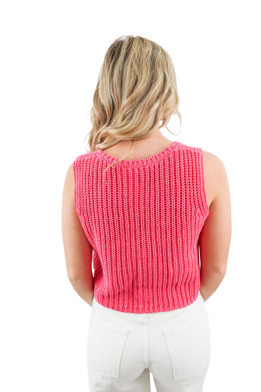 vici pink knit crochet cropped sweater vest top (M; retail $48)