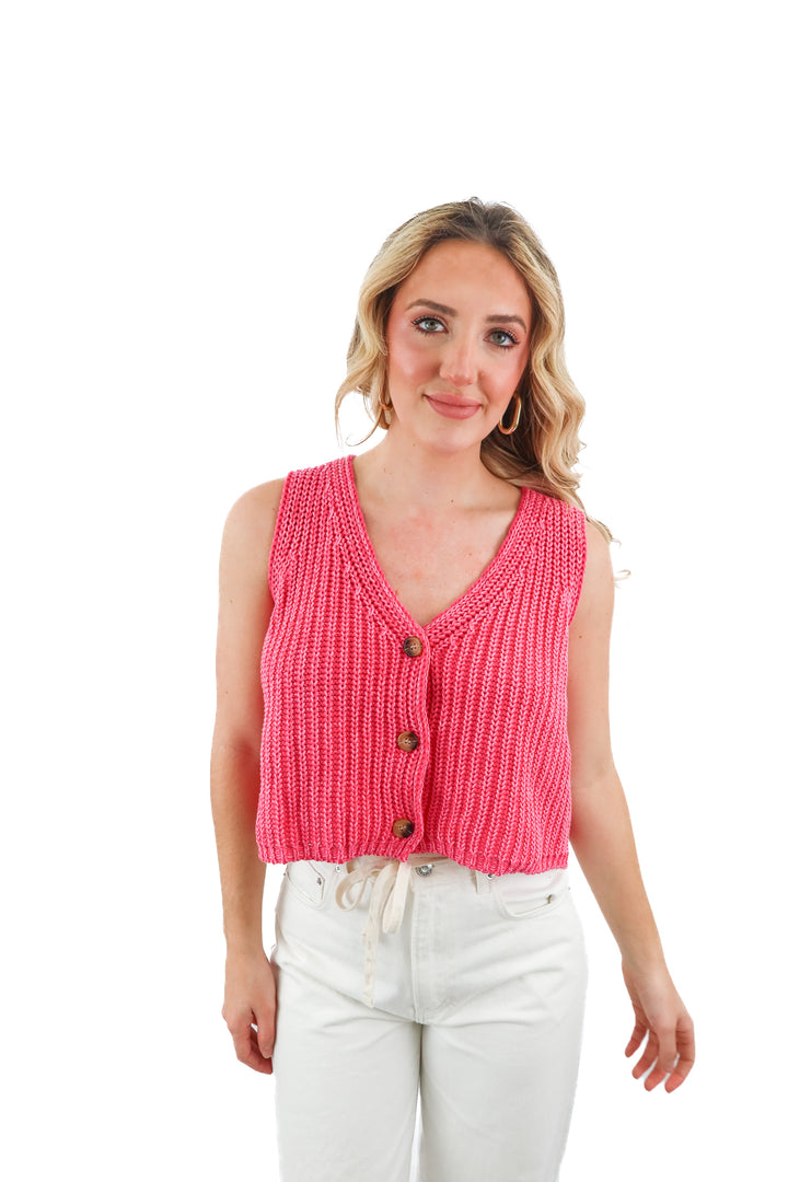 vici pink knit crochet cropped sweater vest top (M; retail $48)