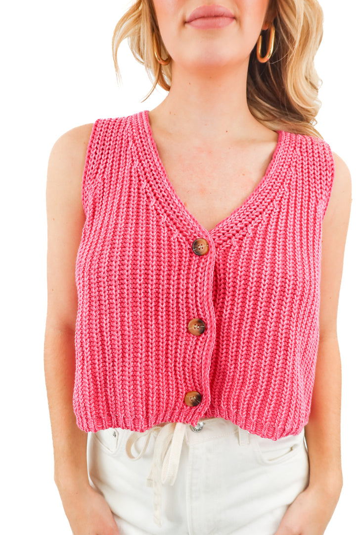 vici pink knit crochet cropped sweater vest top (M; retail $48)