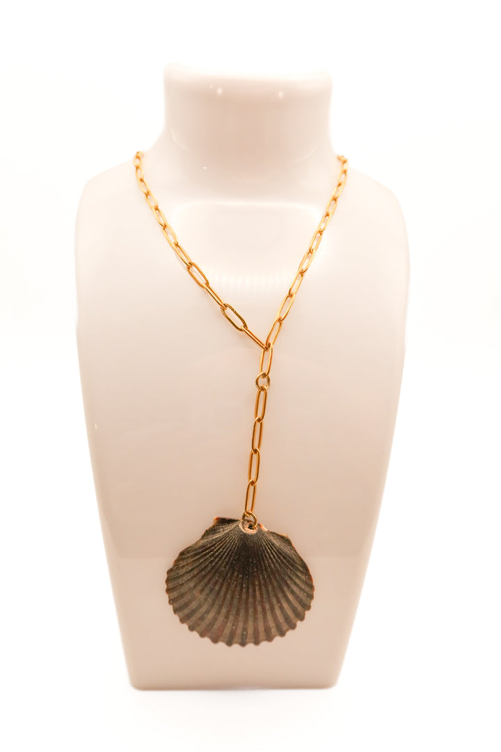 Gold chain dark seashell necklace