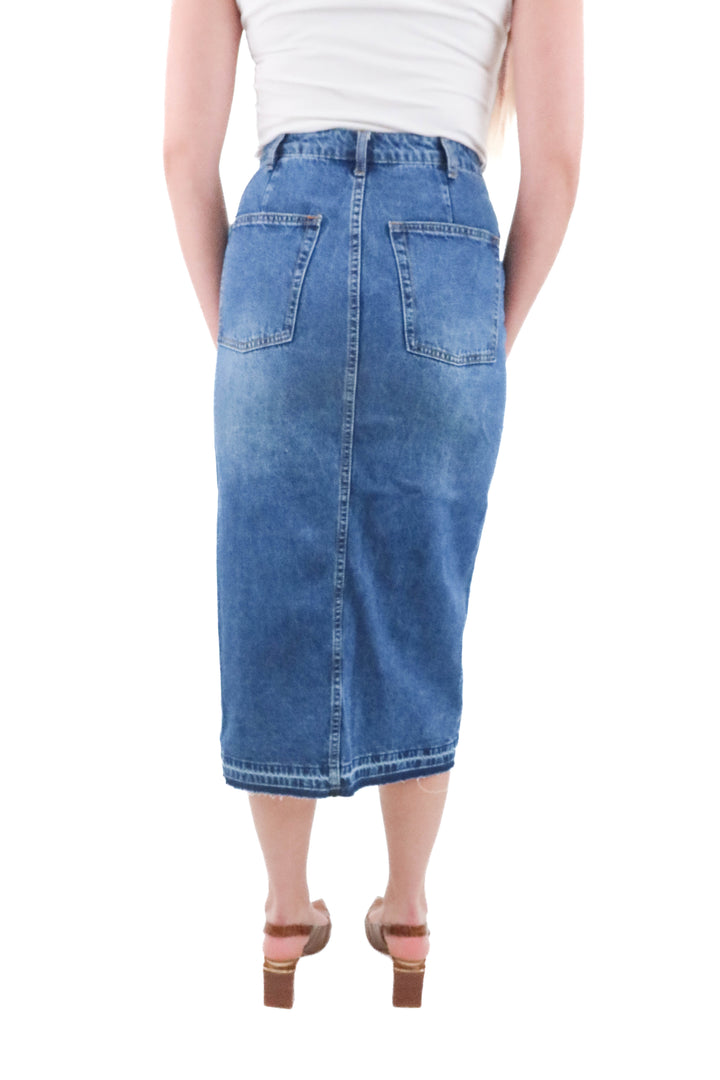 just fab dark wash denim midi skirt (30; retail $60)