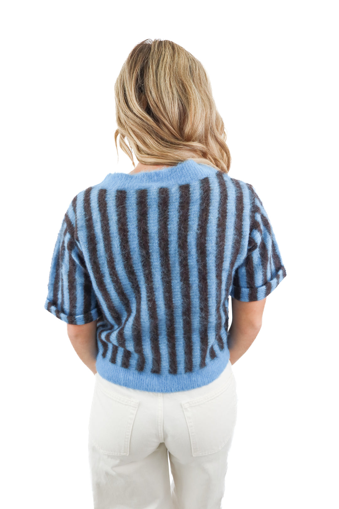 american vintage blue/brown stripe short sleeve knit top (M; retail $225)