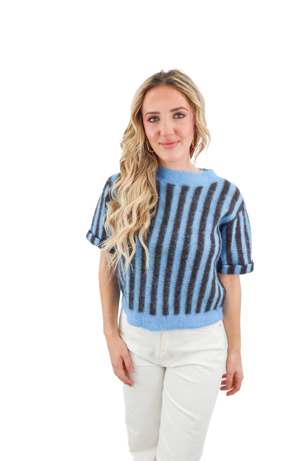 american vintage blue/brown stripe short sleeve knit top (M; retail $225)