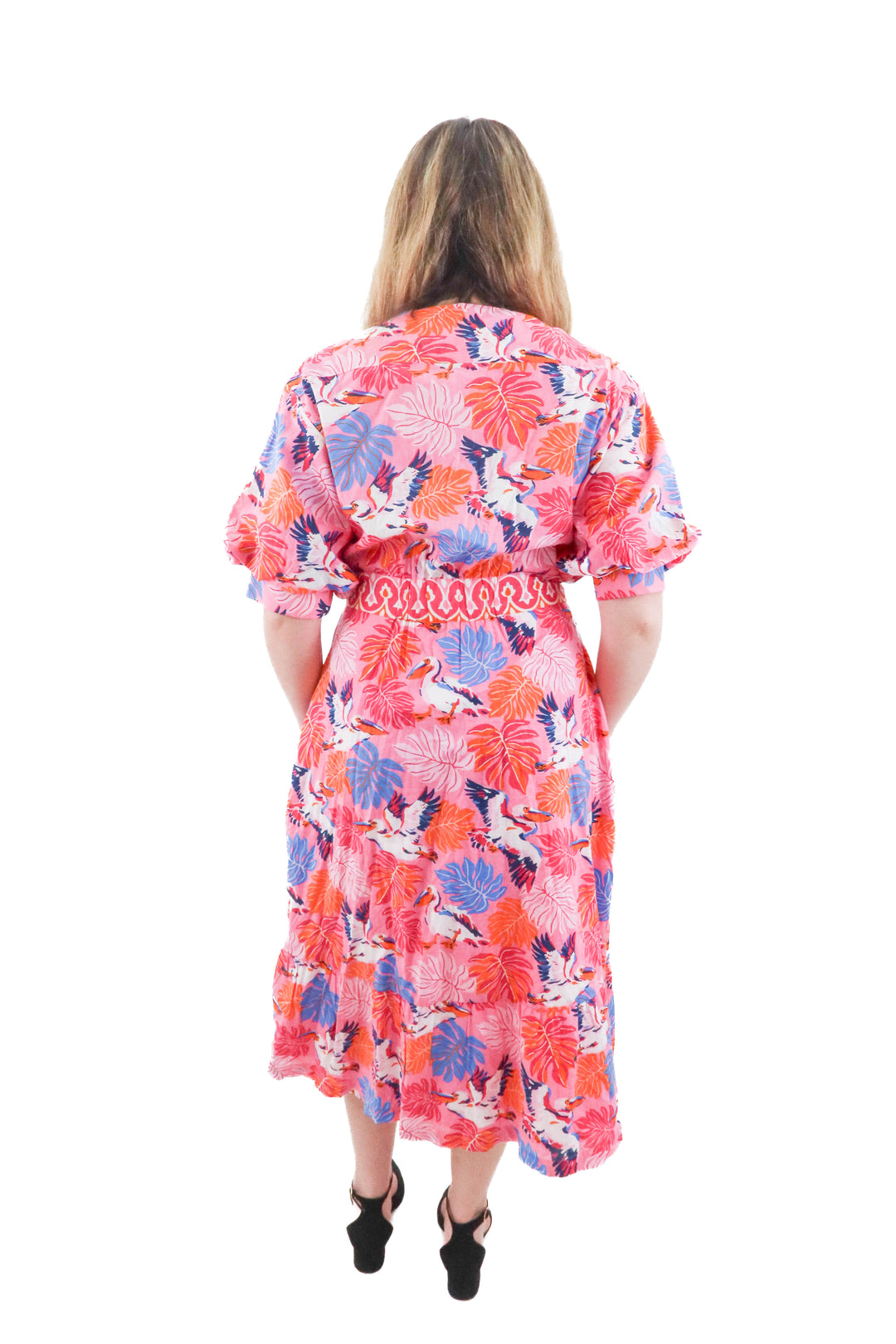 printfresh pink bird print midi dress (l; retail $278)