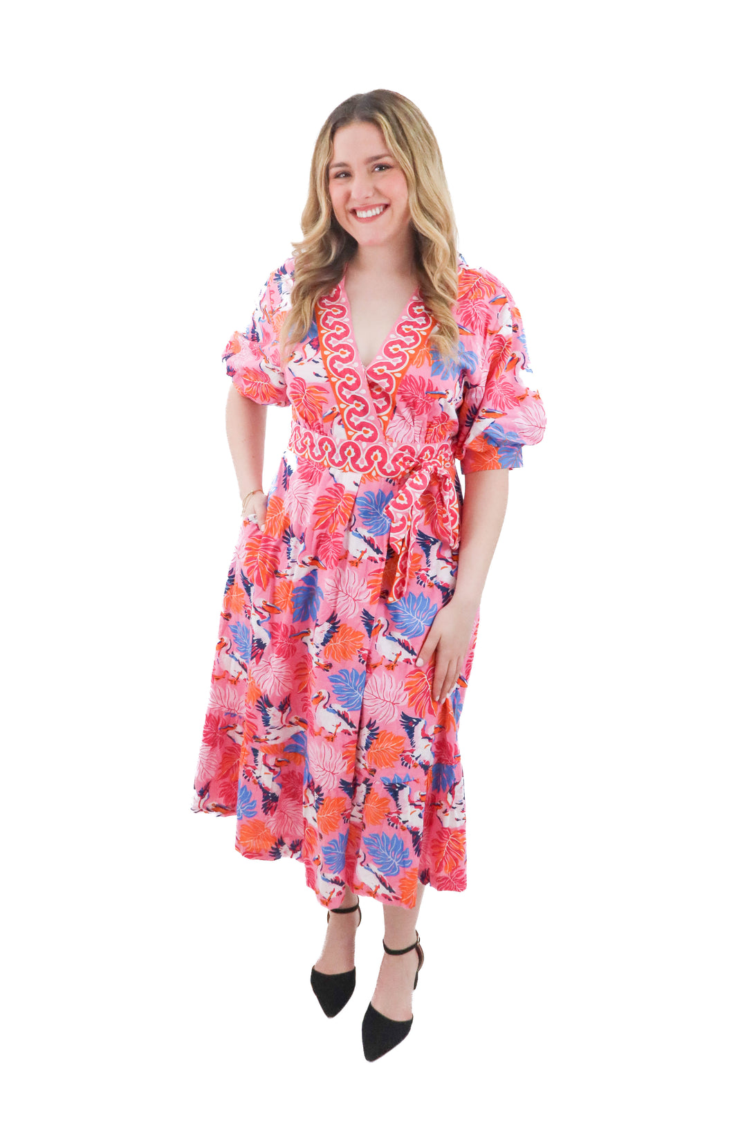 printfresh pink bird print midi dress (l; retail $278)