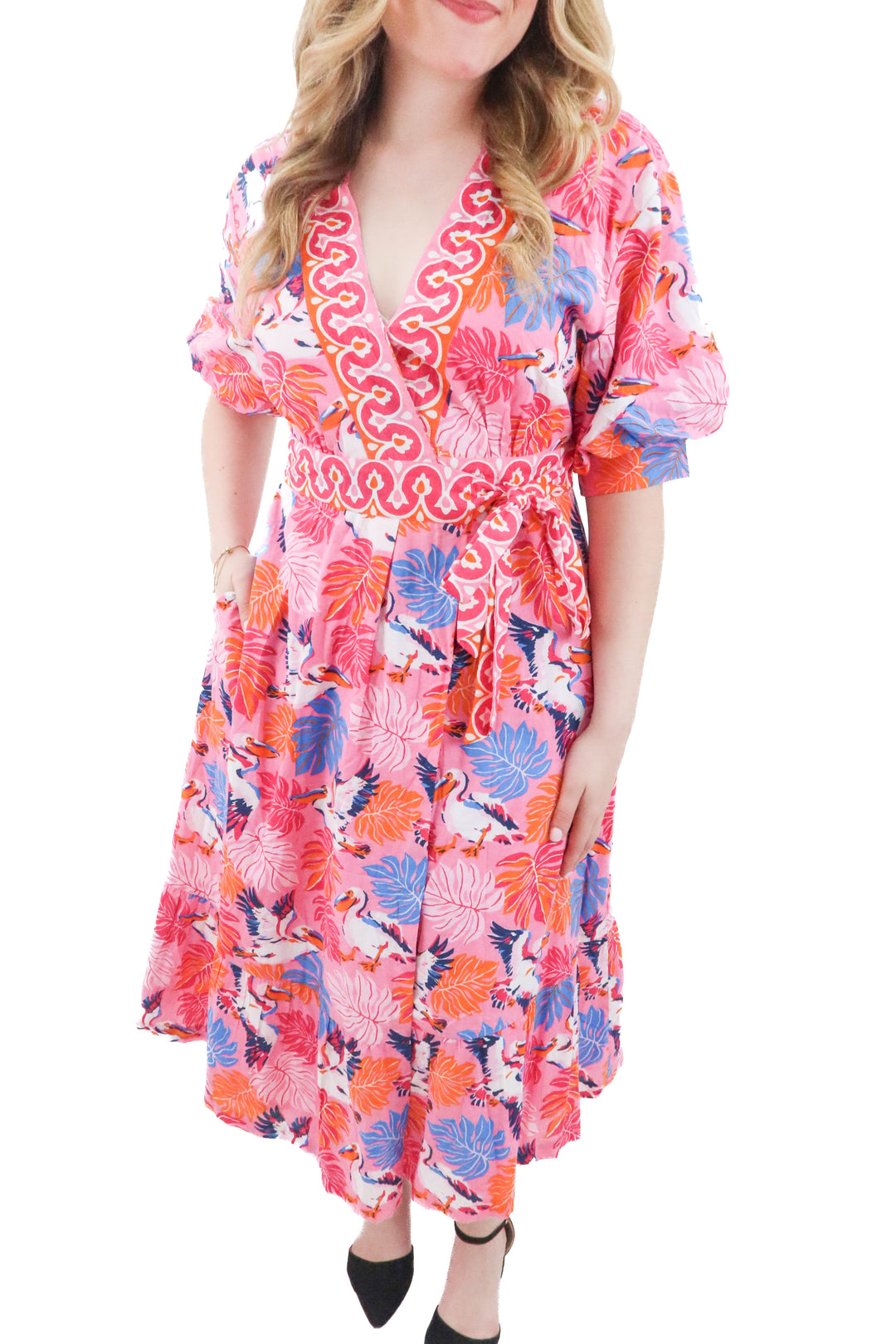 printfresh pink bird print midi dress (l; retail $278)