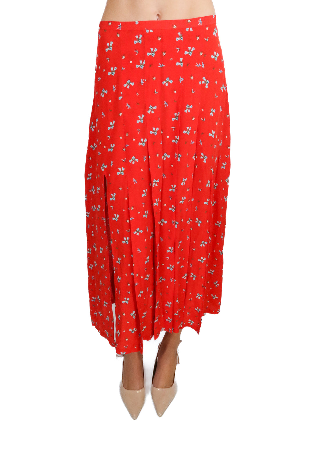 rixo red floral midi skirt with slit (s; retail $250)