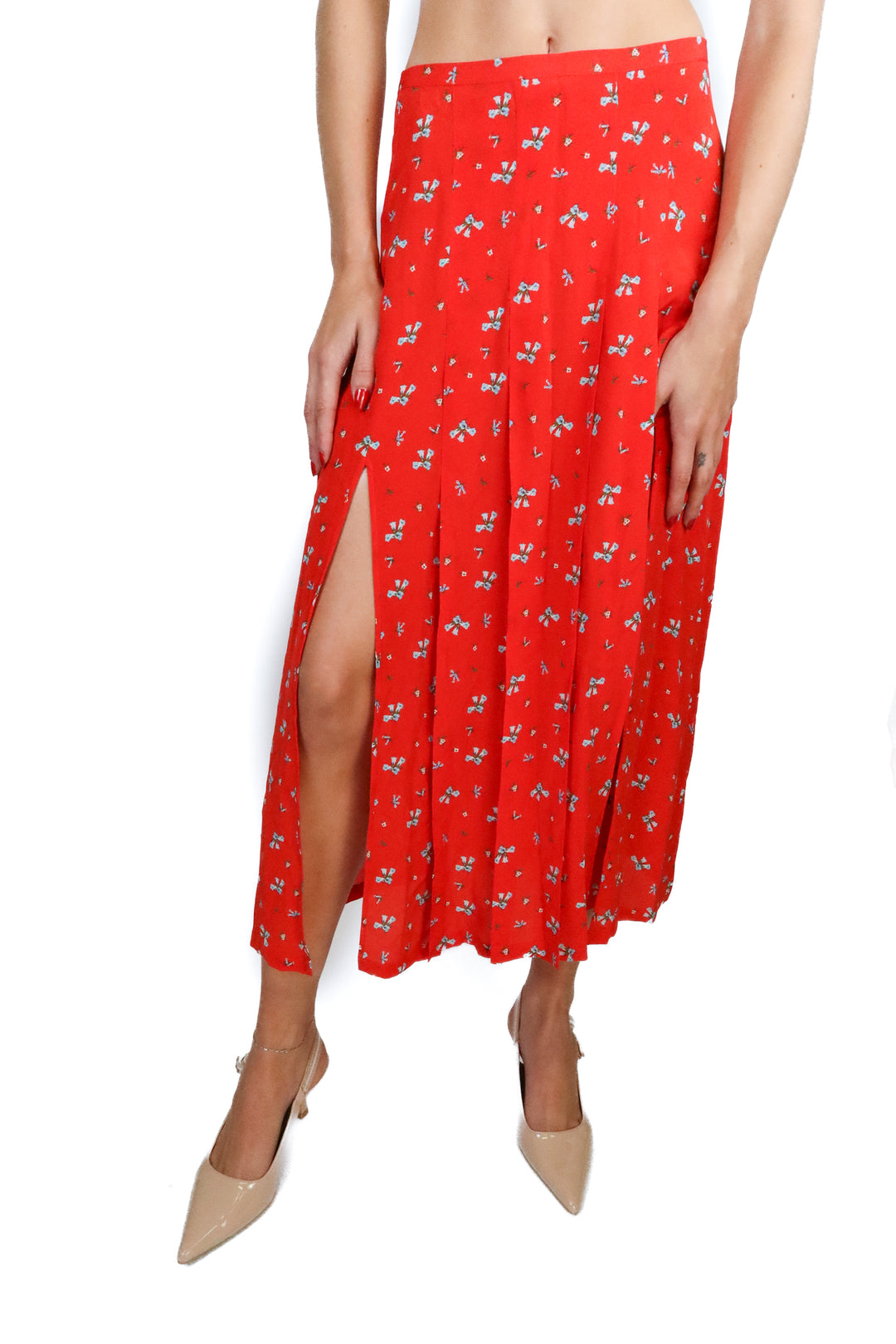 rixo red floral midi skirt with slit (s; retail $250)