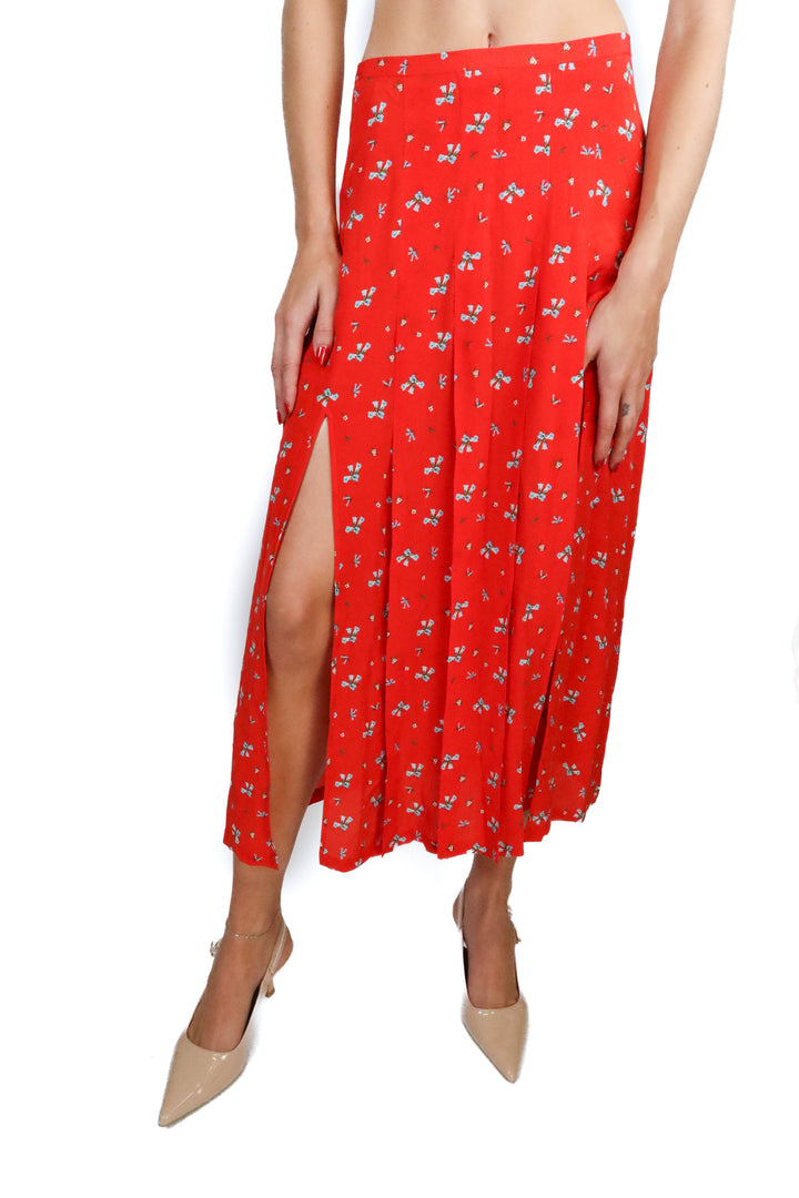 rixo red floral midi skirt with slit (s; retail $250)