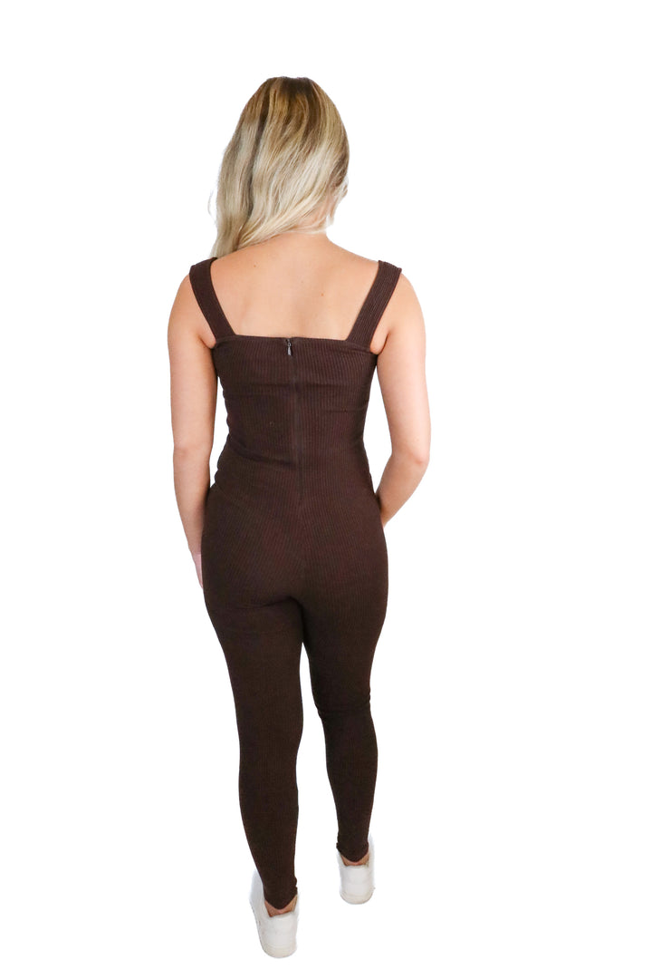 Sans Faff dark brown ribbed jumpsuit NWT (XS; retail $313)