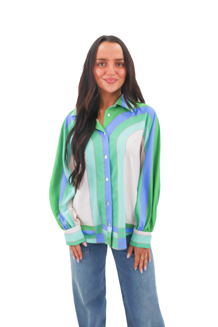 ciebon blue and green patterned top nwt  (m; Retail $145)