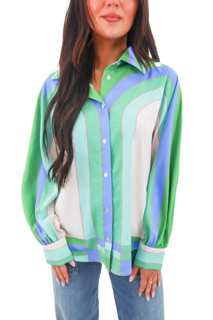 ciebon blue and green patterned top nwt  (m; Retail $145)