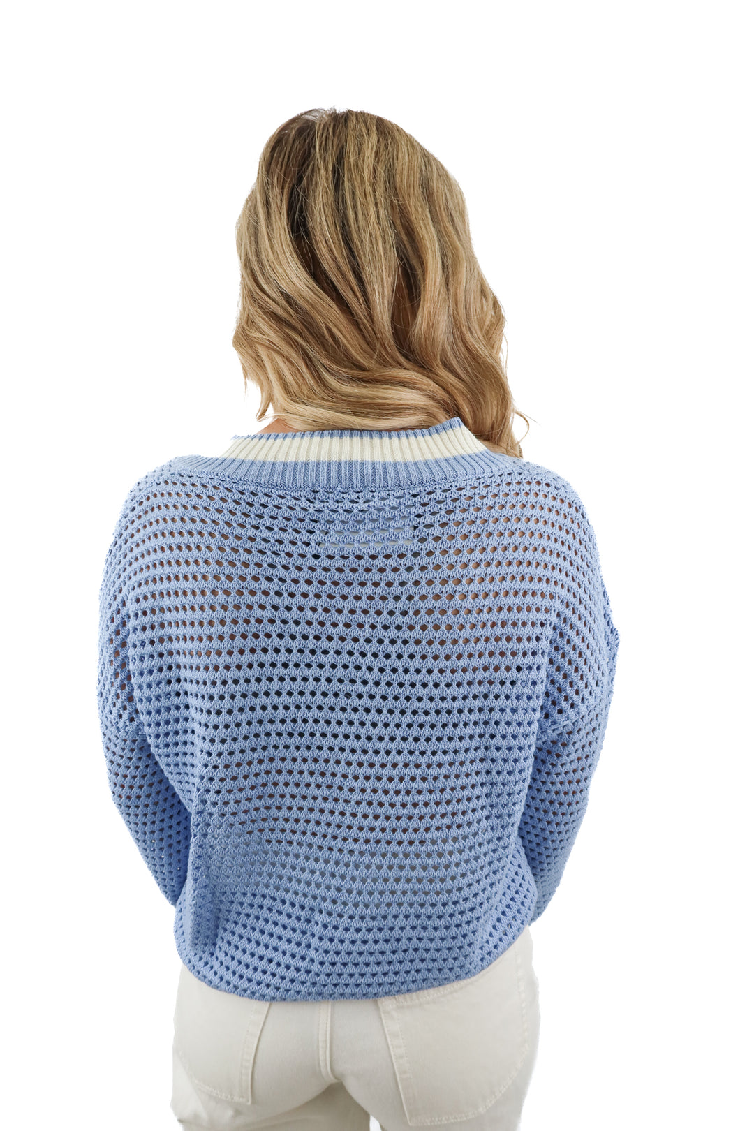 fate blue v neck knit crochet varsity sweater NWT (S; retail $78)