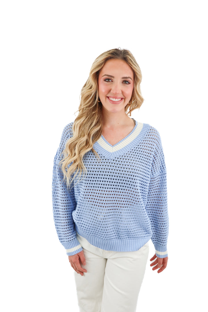 fate blue v neck knit crochet varsity sweater NWT (S; retail $78)