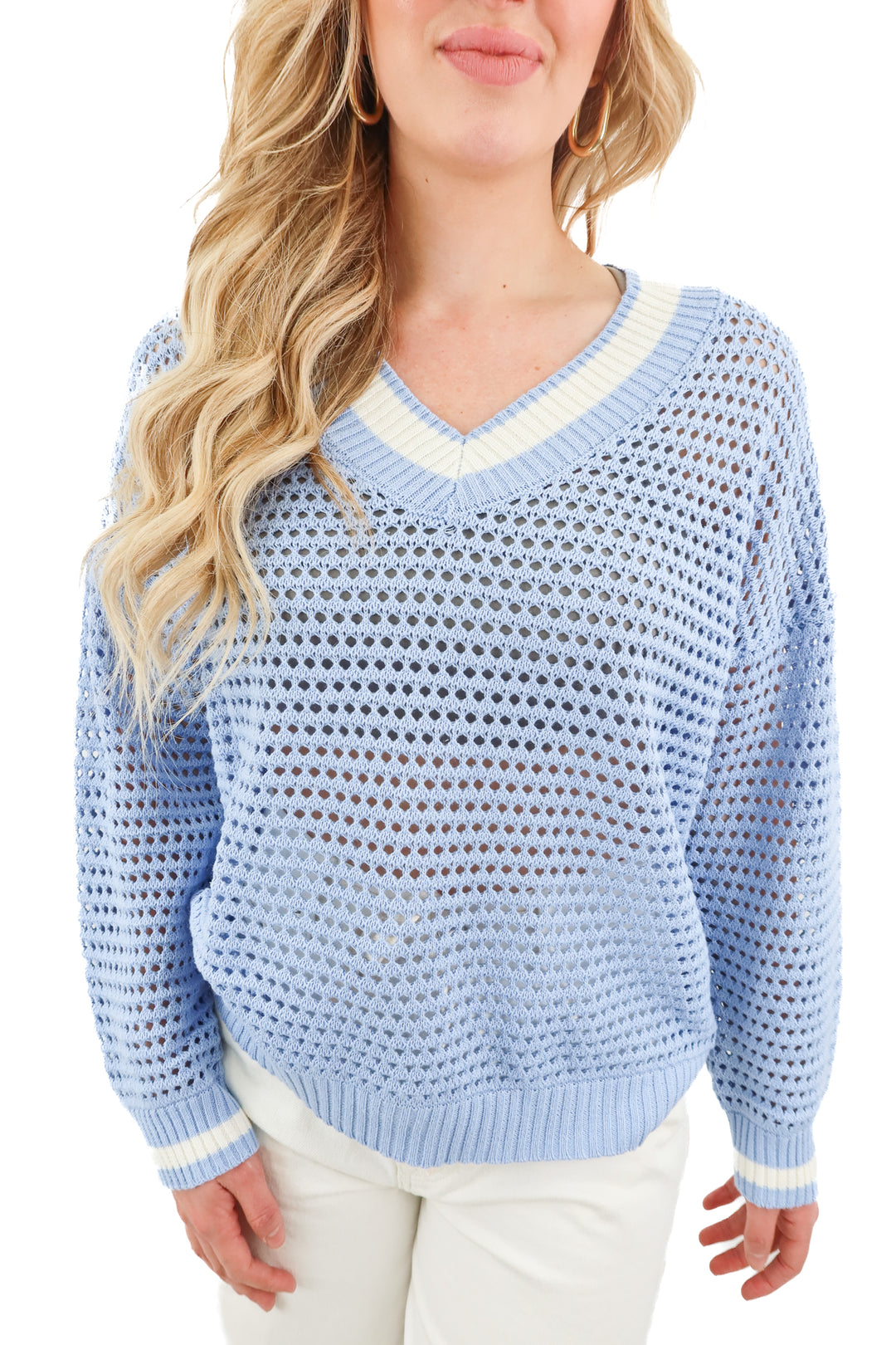 fate blue v neck knit crochet varsity sweater NWT (S; retail $78)