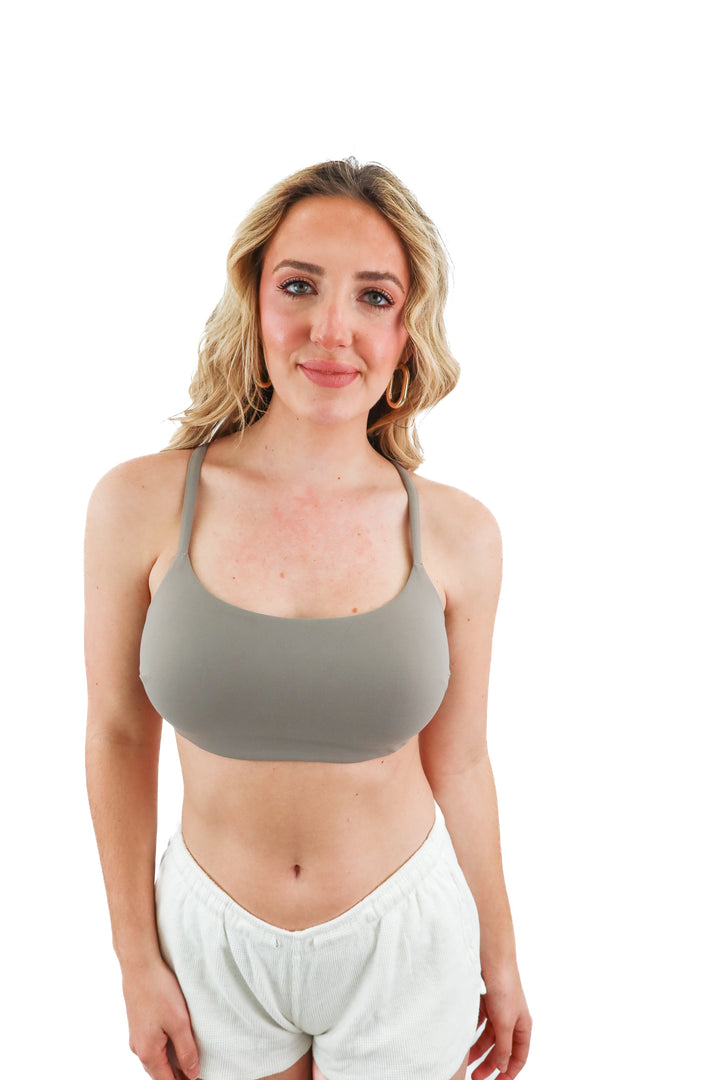 lululemon olive strappy sports bra (10; retail $58)