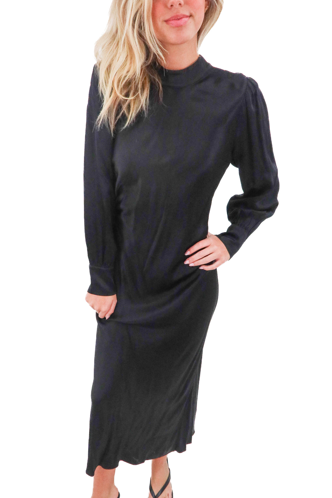 rails black satin long sleeve dress (m; retail $258)