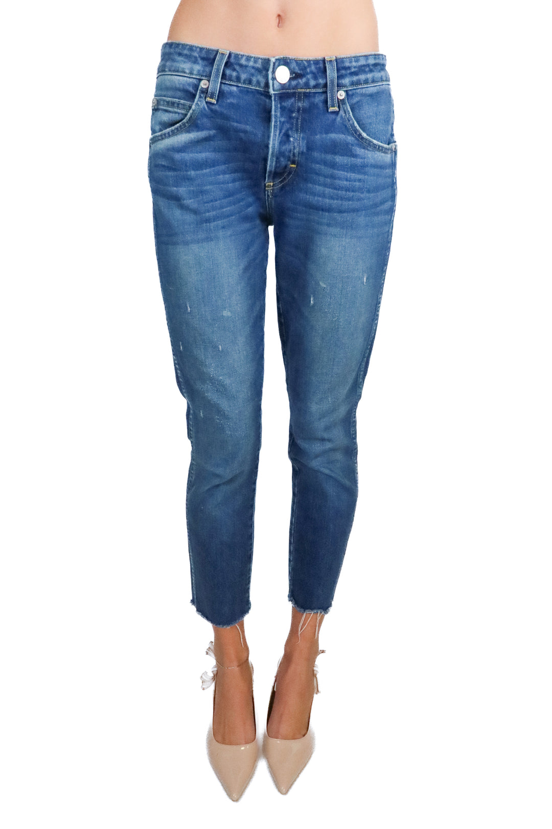 AMO Medium Wash Raw Hem Cropped Jeans (26; retail $285)