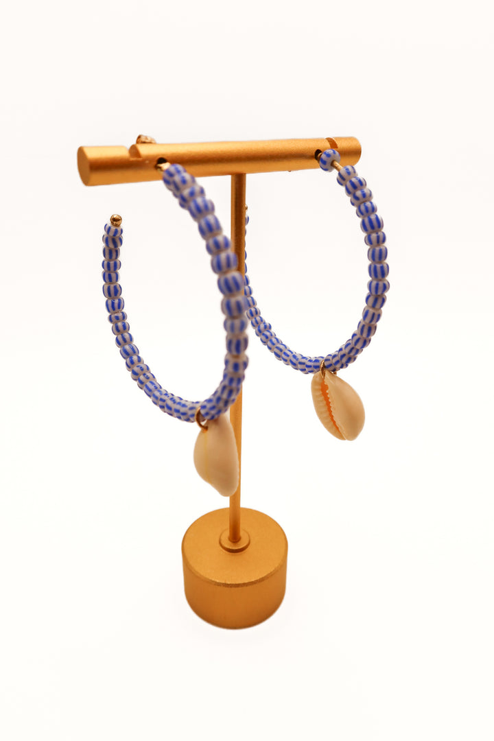 Purple beaded/seashell hoop earrings