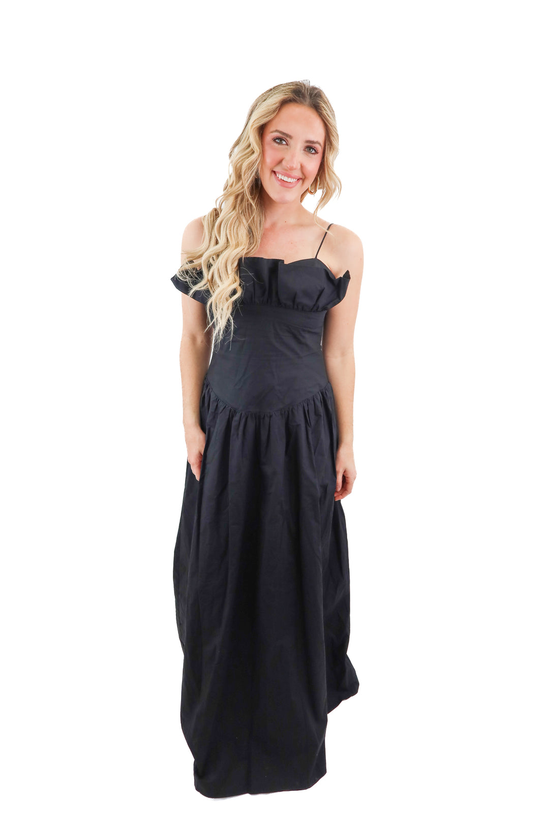 meshki black janis cotton frill maxi dress (M; retail $185)