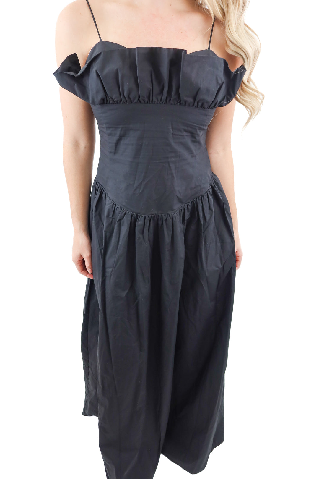 meshki black janis cotton frill maxi dress (M; retail $185)