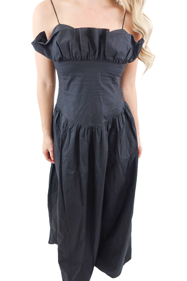 meshki black janis cotton frill maxi dress (M; retail $185)