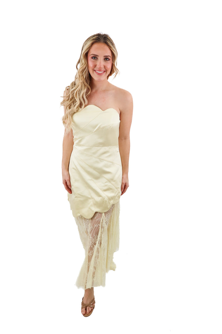 meshki aleena satin and lace yellow maxi dress NWT (L; retail $329)