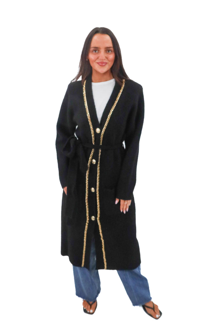 retrofete black and gold chain cardigan (m; retail $450)