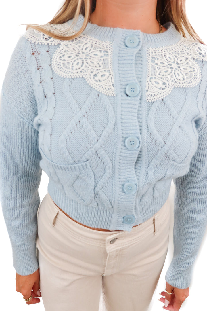 lalavon blue lace trim cardigan (s)