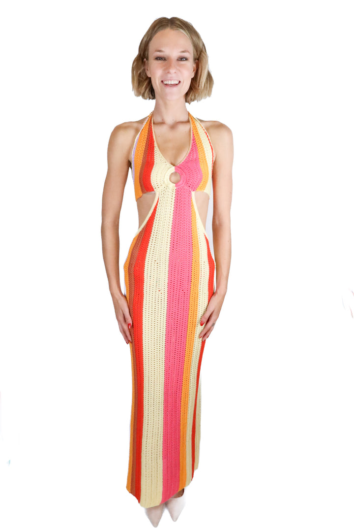 colorful crotchet maxi halter dress (s)*