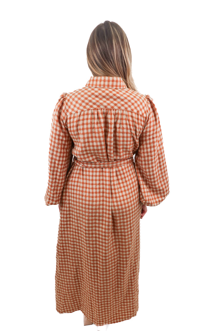 aura brown plaid button up maxi dress (s)