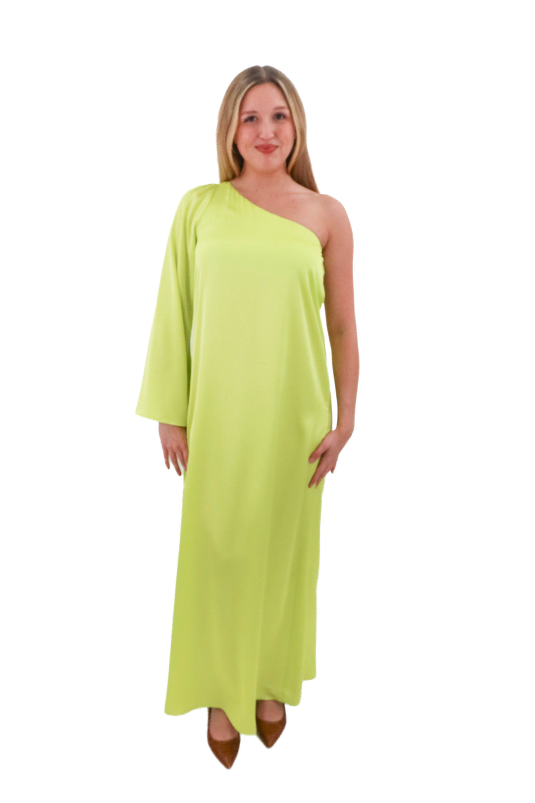 show me your mumu bright green one shoulder dress (m)