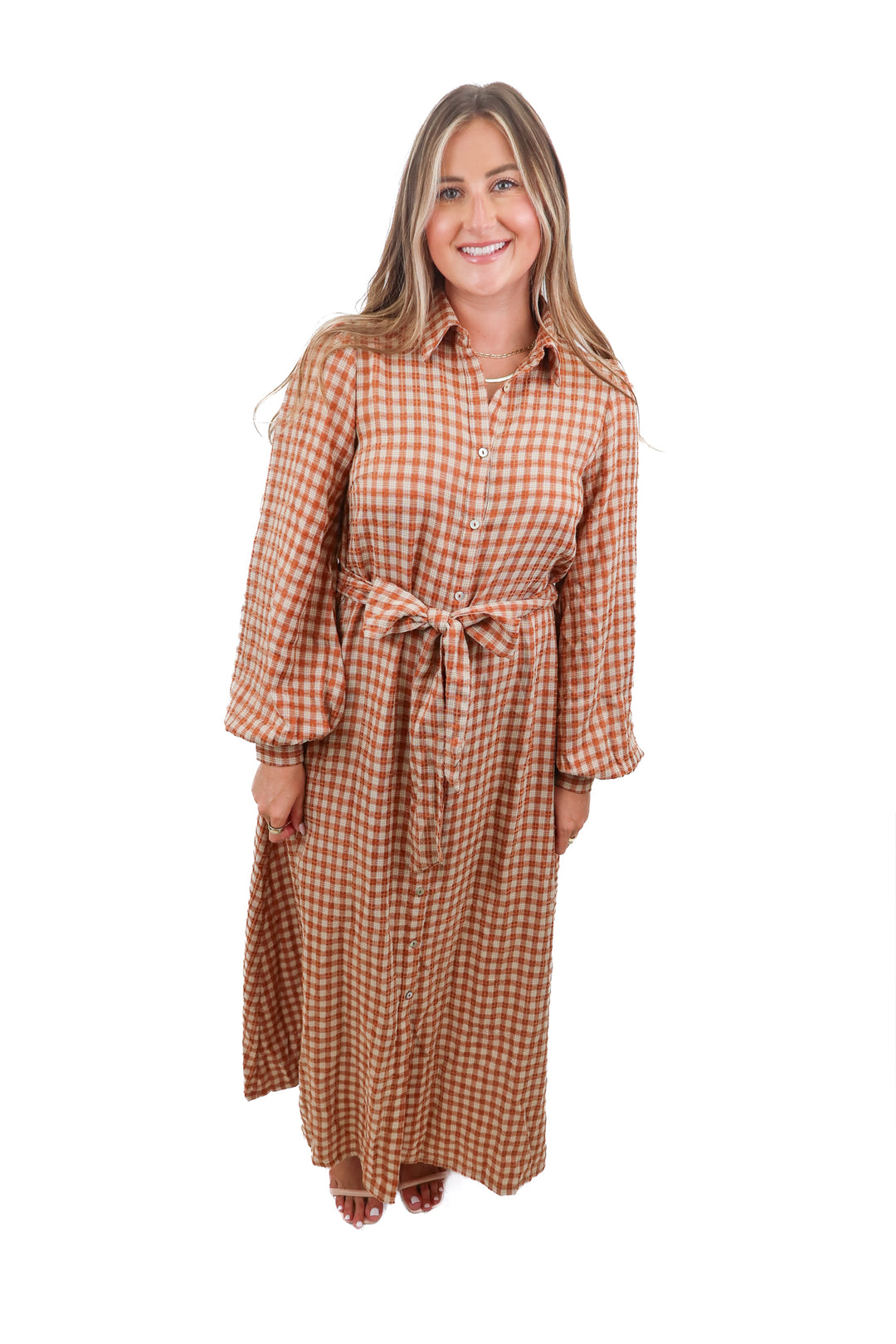 aura brown plaid button up maxi dress (s)