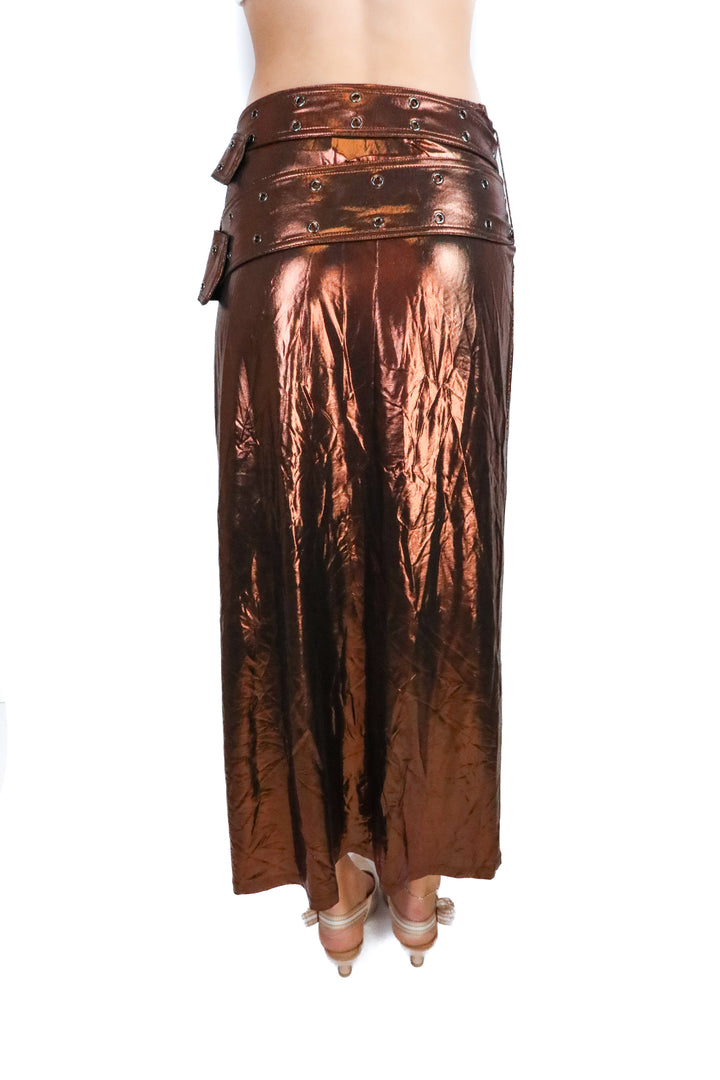 We Wore What Liquid Bronze Double Belted Midi Skirt NWT (2; Retail $119)