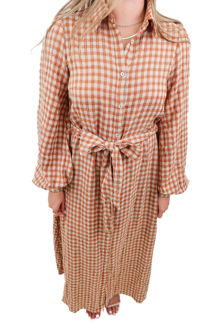 aura brown plaid button up maxi dress (s)
