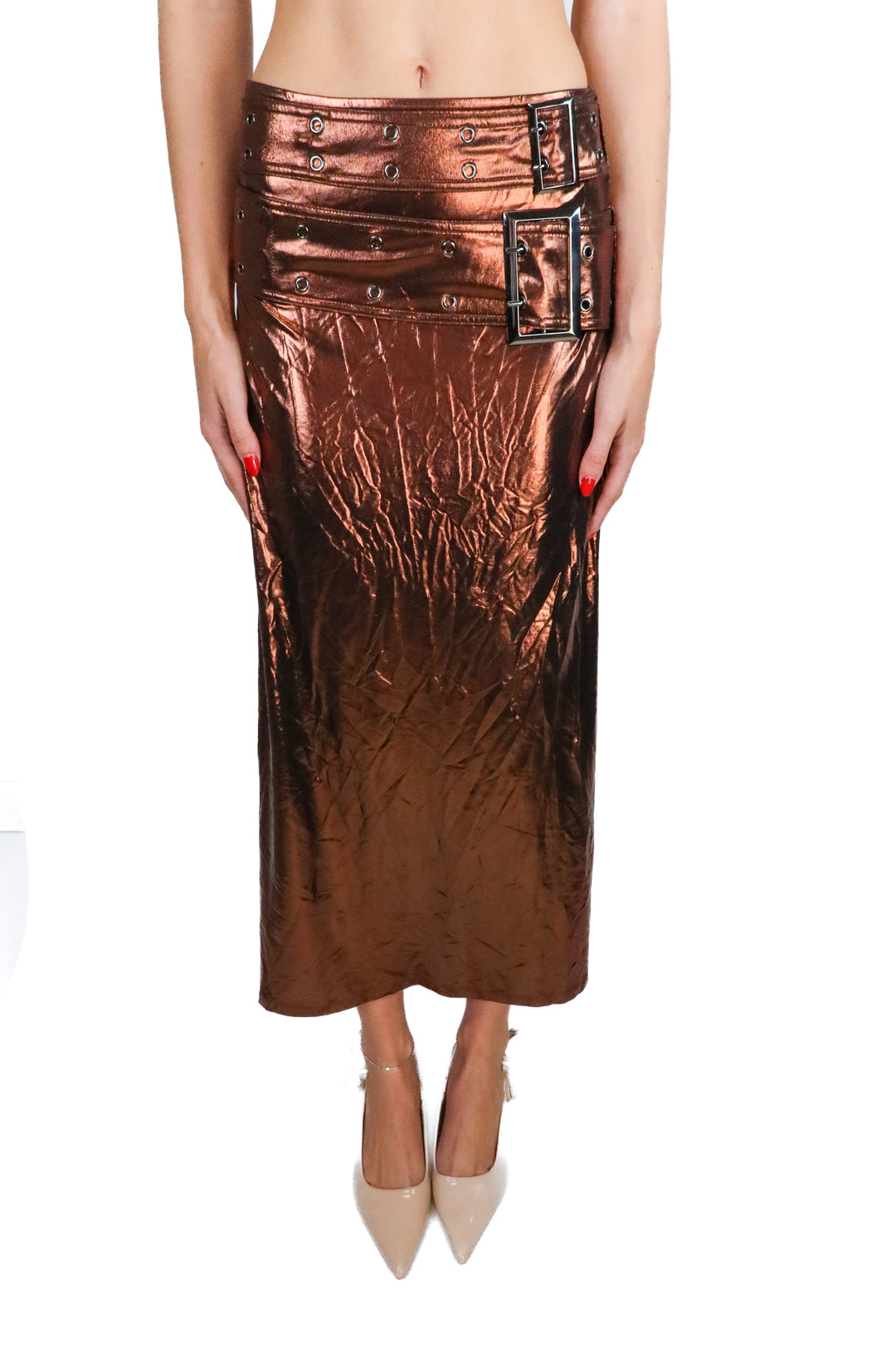 We Wore What Liquid Bronze Double Belted Midi Skirt NWT (2; Retail $119)