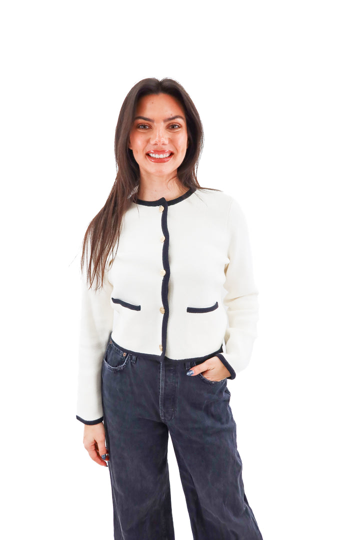 abercrombie & fitch ecru knit cardigan w/ black trim nwt (m; retail $90)
