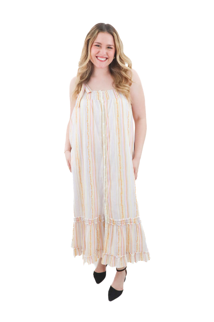 sundays pink and orange striped maxi dress (m)