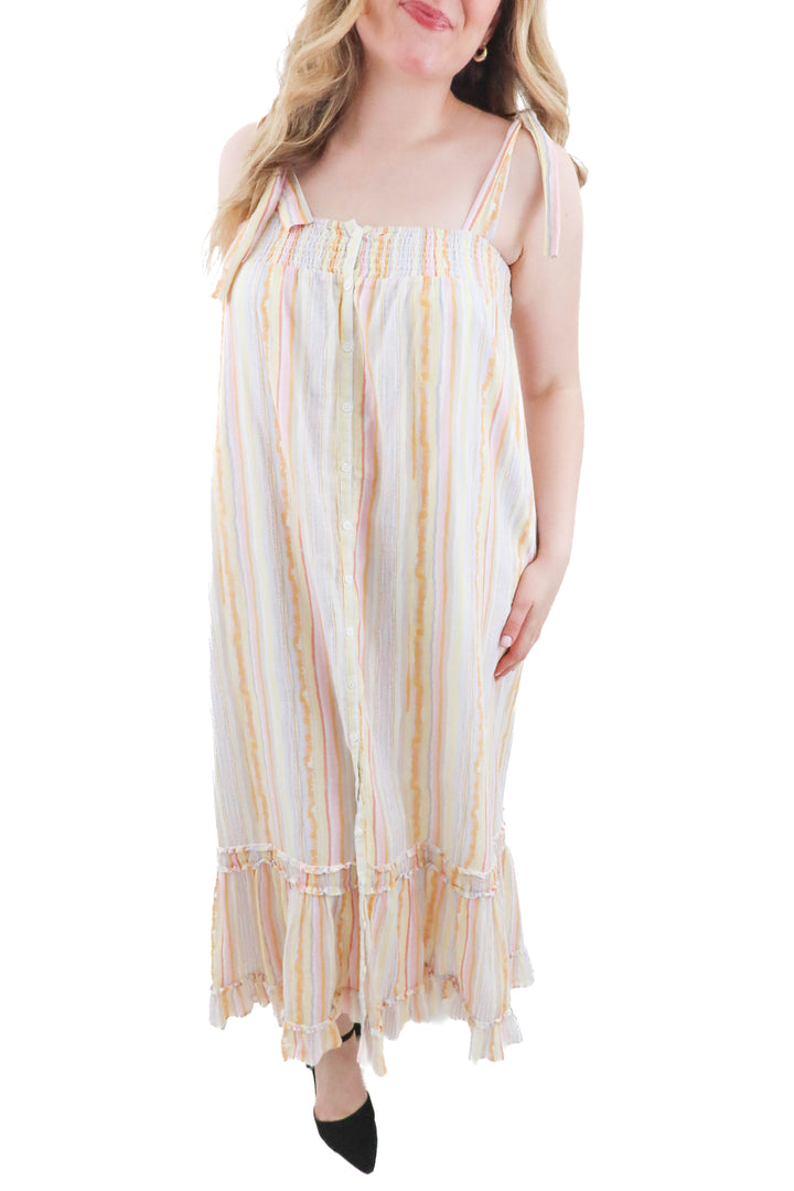sundays pink and orange striped maxi dress (m)