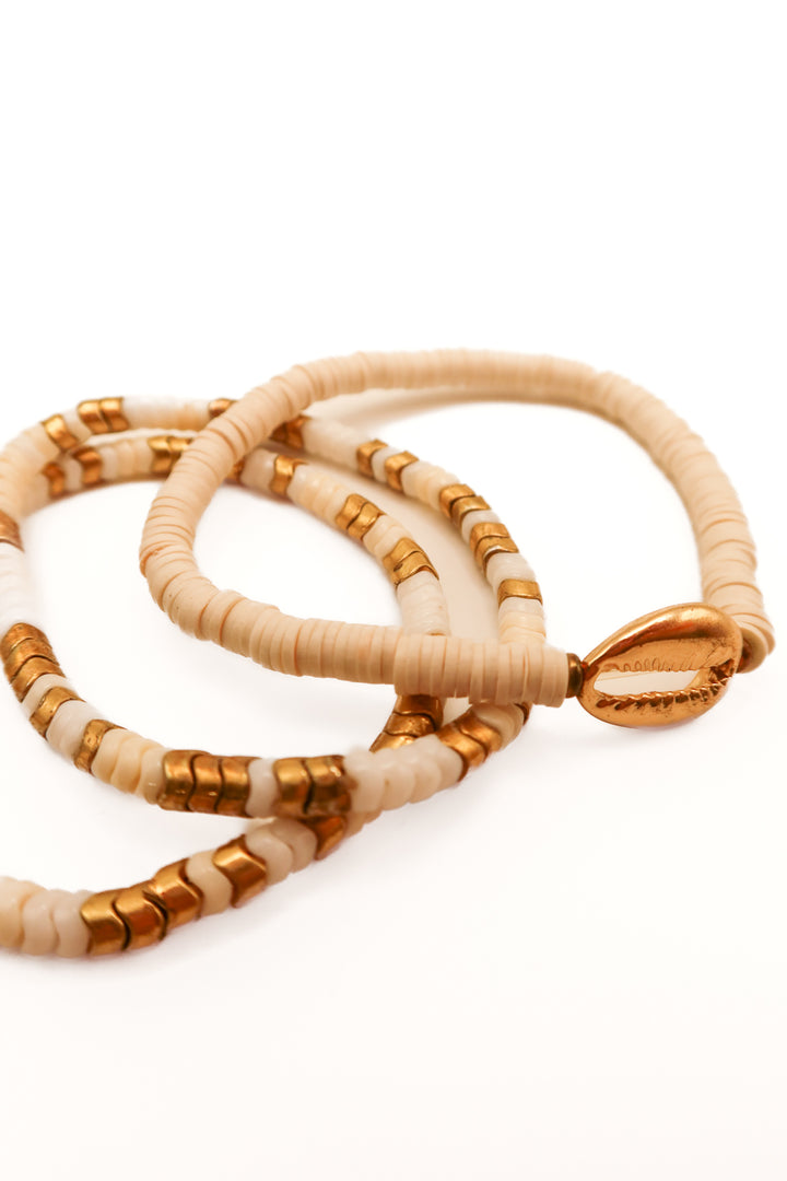 Gold/neutral beaded seashell bracelet