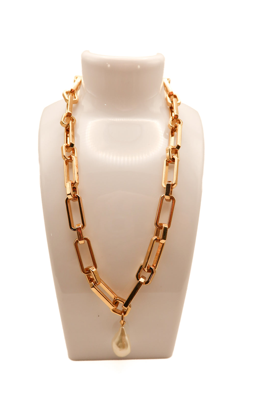 Gold chunky large chain link pearl necklace