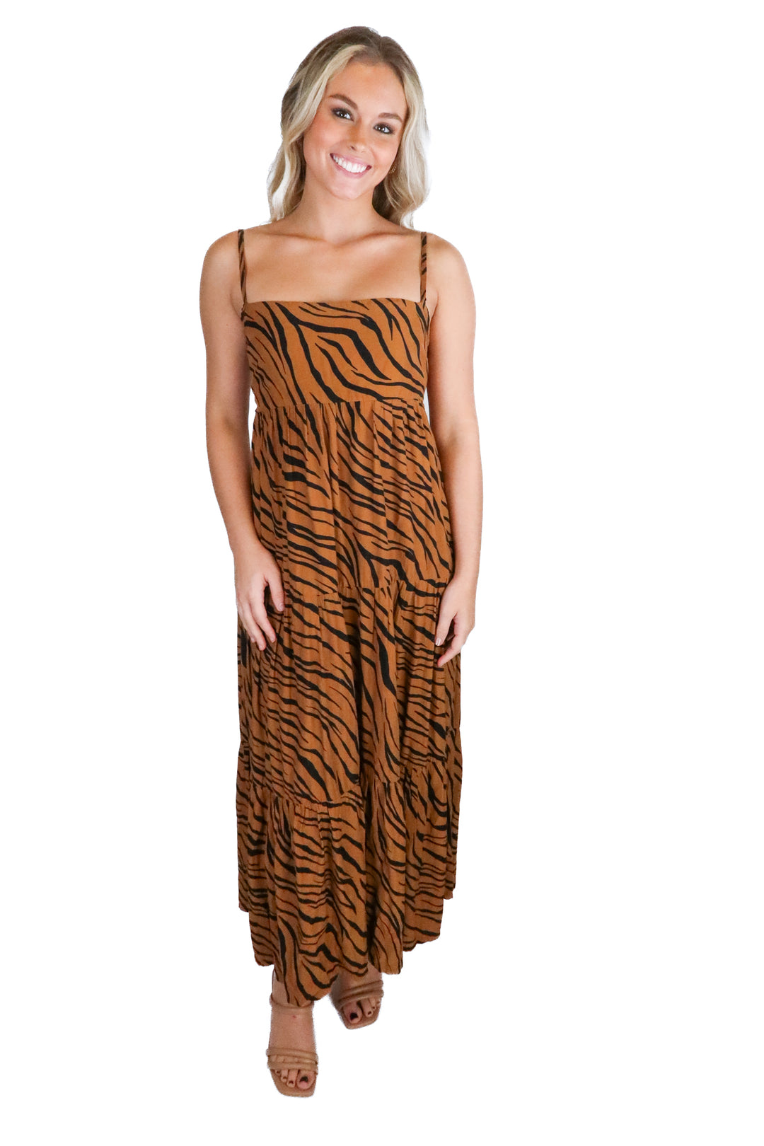 Faithful The Brand Burnt Orange and Black Zebra Print Midi Dress (4; retail $220)