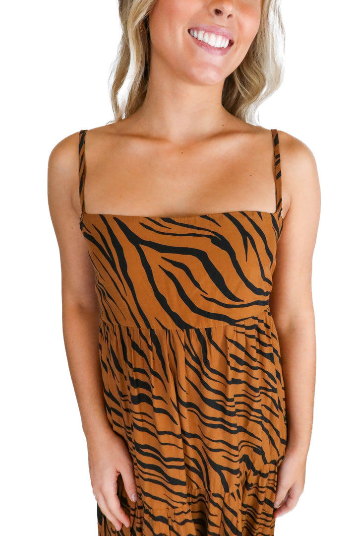 Faithful The Brand Burnt Orange and Black Zebra Print Midi Dress (4; retail $220)