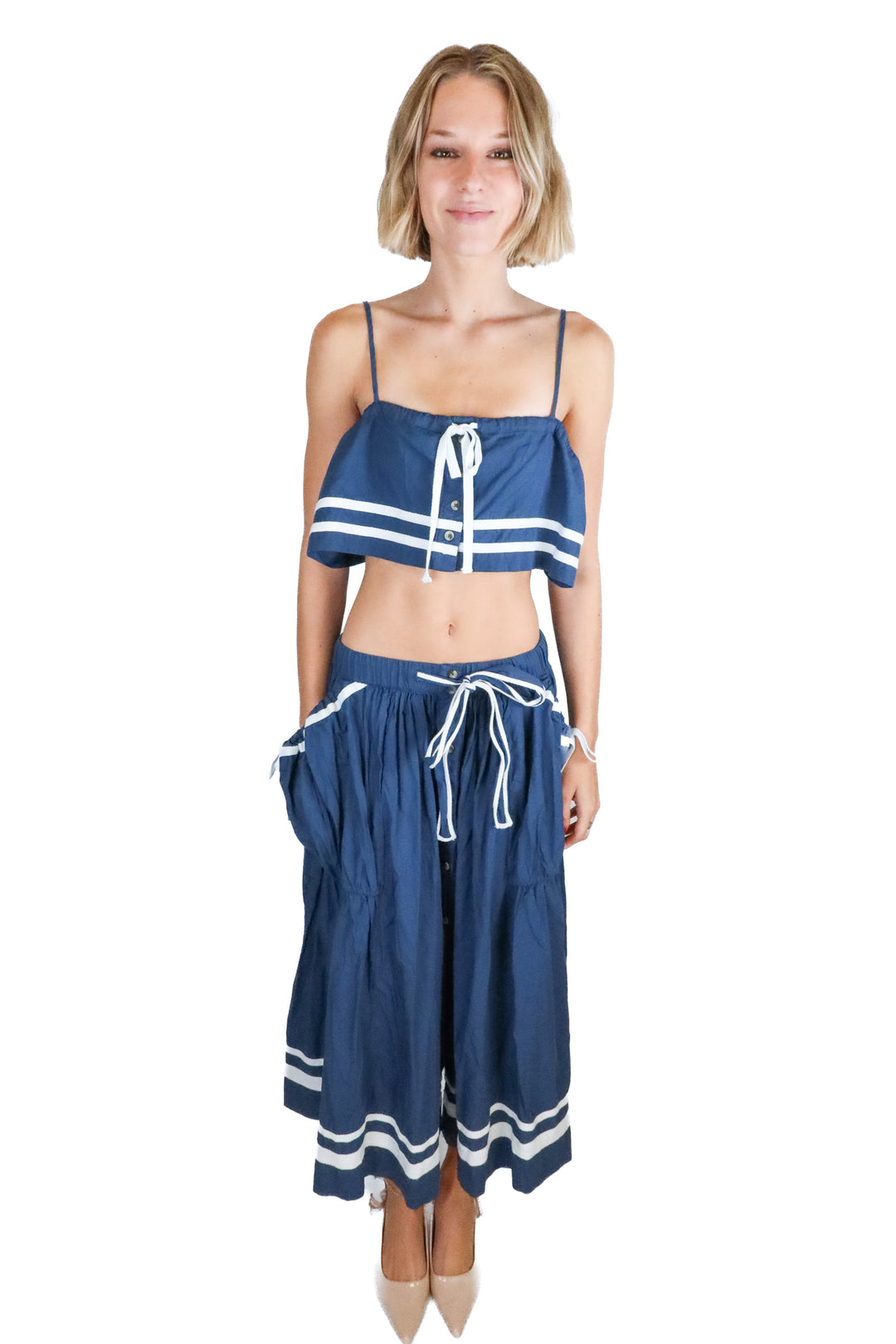 Free People Navy Blue and White Striped Set (XS; retail $128)