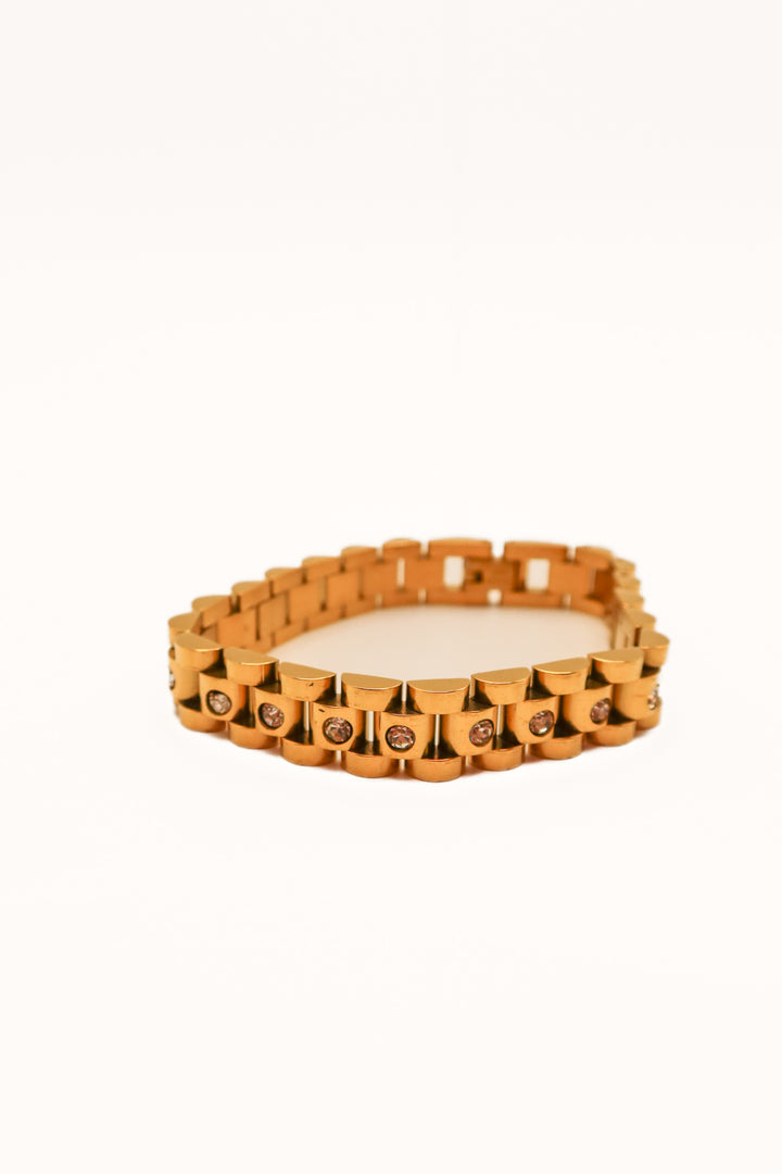 Gold watch chain link and crystal bracelet