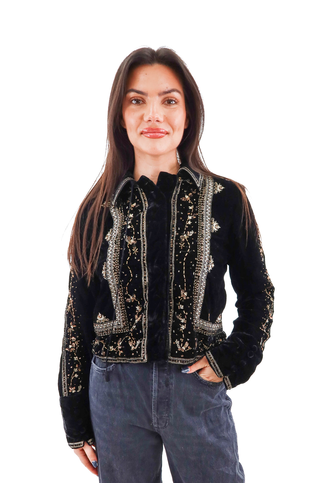 free people black velvet beaded jacket NWT (s; retail $268)