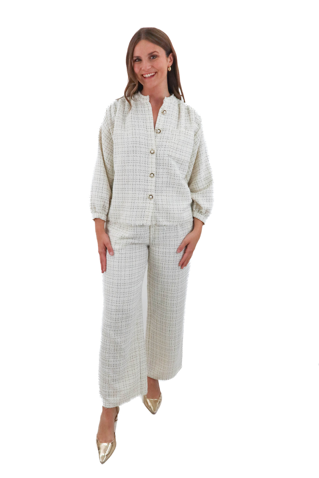 sundays white and black tweed pant and top set (m; retail $298)