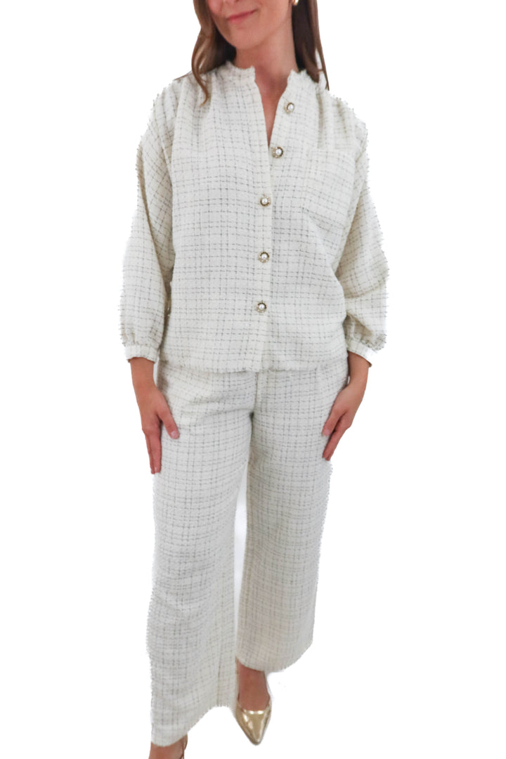 sundays white and black tweed pant and top set (m; retail $298)